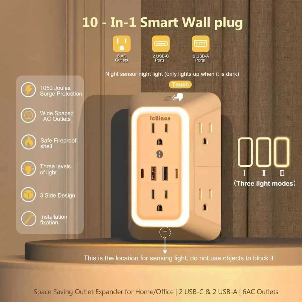 Wall Adapter 6 Outlet Extender Surge Protector Multi Plug USB Charger Port