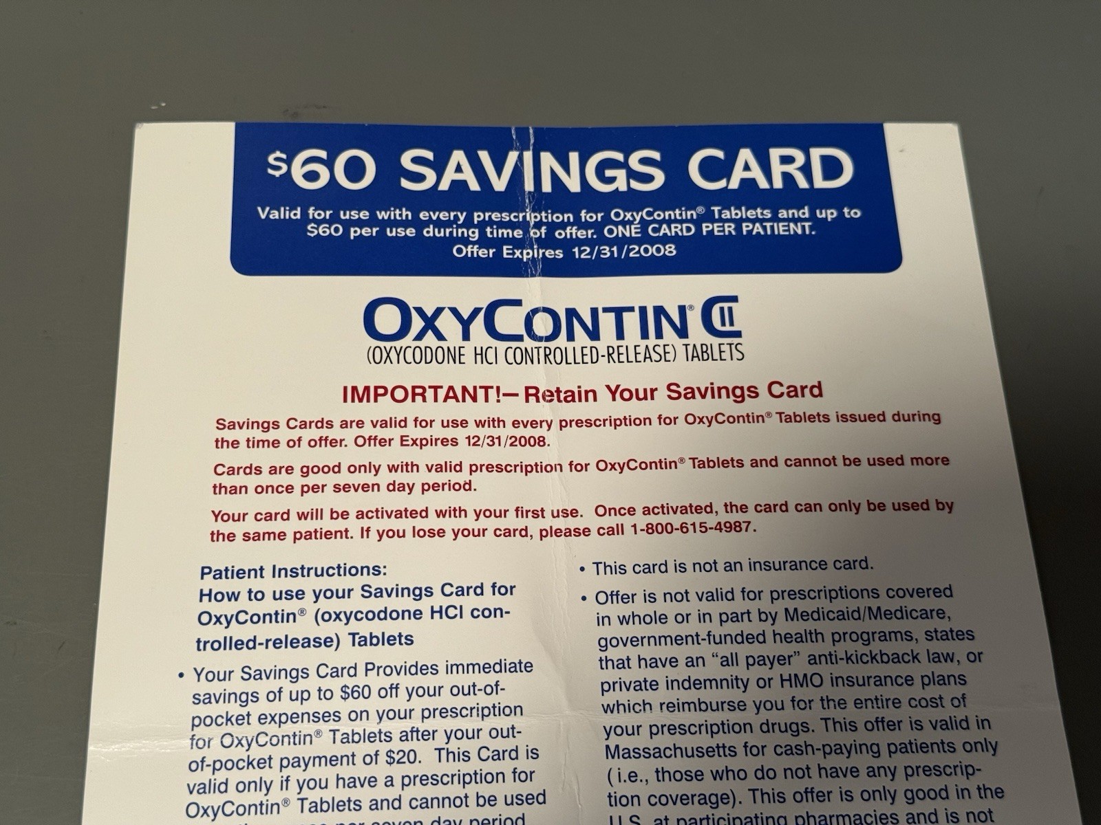 OXYCONTIN Drug Savings Cards • $60 Savings Card • OxyContin Discount Card •