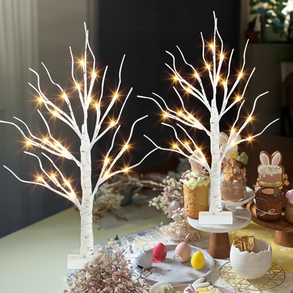 Easter Decorations, 2FT Birch Tree with LED Lights, Warm White Light up Tree ...
