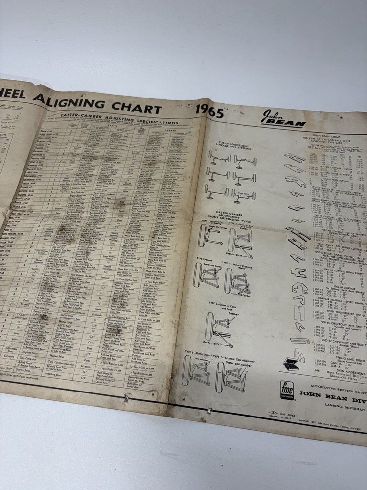 John Bean Ads Visualiner Alignment Official Wheel Aligning Chart 1958-1971