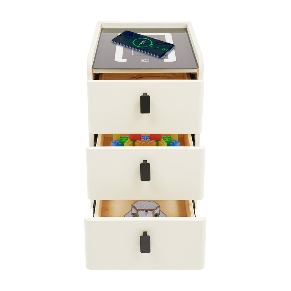 3 Drawers Smart Bedside Table Nightstand With LED Light+Wireless Charging+USB