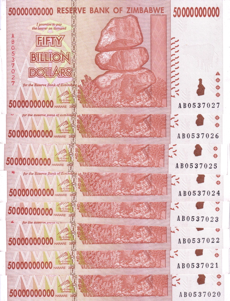 Zimbabwe $50 Billion 2008 Pick# 87 "8 Sequential Set" UNC
