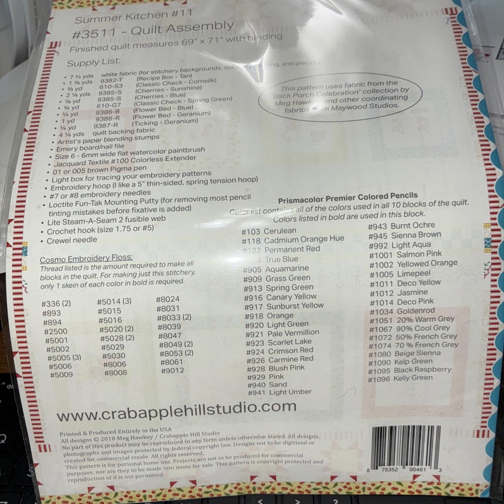 SUMMER KITCHEN #11 QUILT ASSEMBLY~ pattern~ CAH- pre-owned OOP