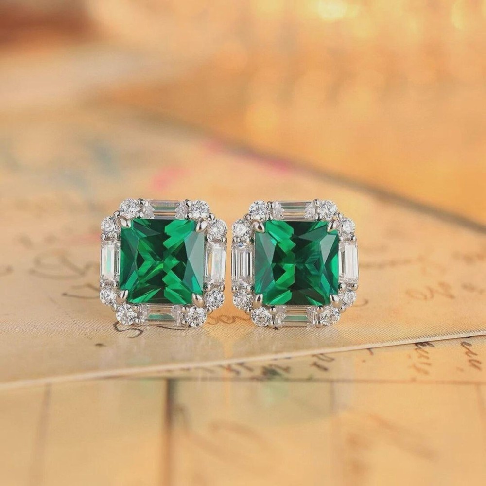 7.42Ct Oval Cut Natural Emerald Diamond Earring Stud Solid 14K Real White Gold
