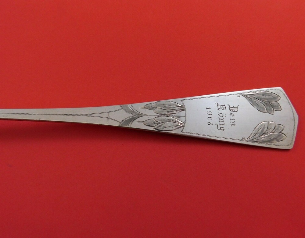 German .800 Silver Soup Ladle Bright-Cut Leaf Design Dated 1908 13" Serving