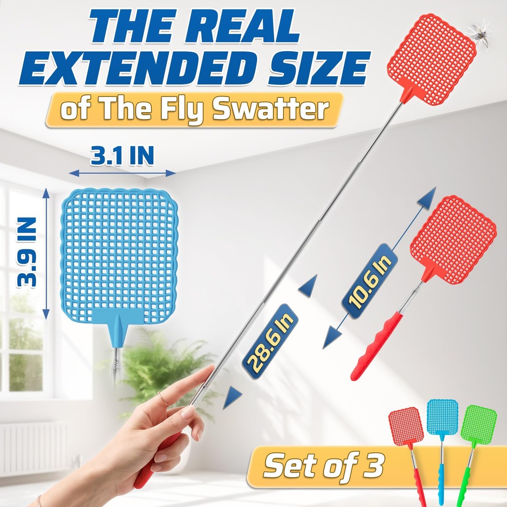 3-Pack Telescopic Fly Swatter Set – Durable and Lightweight Multicolor