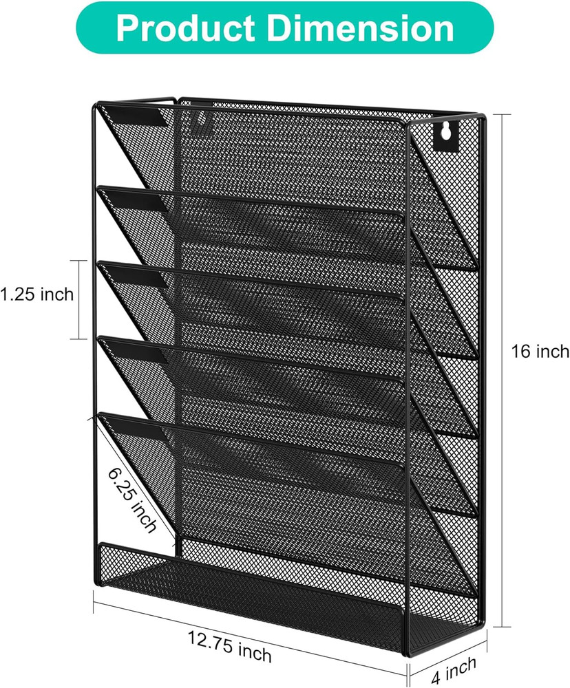 5 Tier Wall File Holder, Mesh Hanging Folder Organizer with Classify Label, Vers