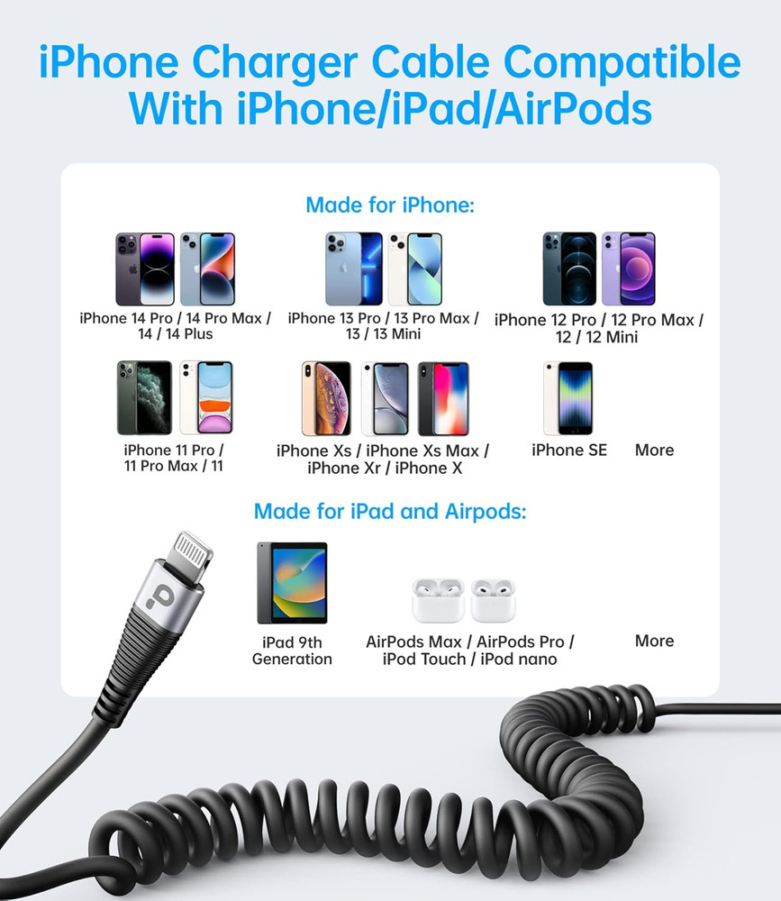 Iphone Charger Cable for Car (3FT/5FT), 2Pack Coiled Lightning Cable, [Apple Mfi