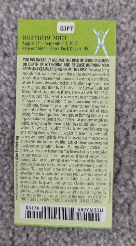 Burning Man Ticket Used Torn Stub 2007
