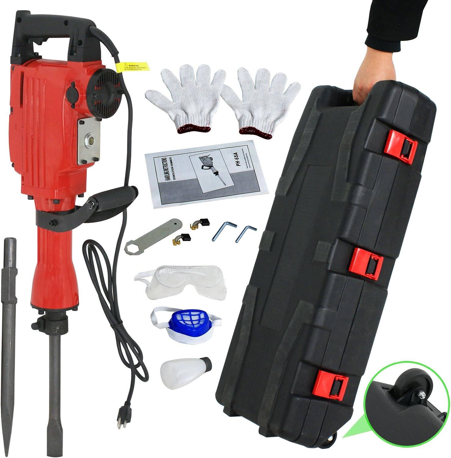 2200W Heavy Duty Electric Demolition Jack Hammer Concrete Breaker w/Case, Gloves