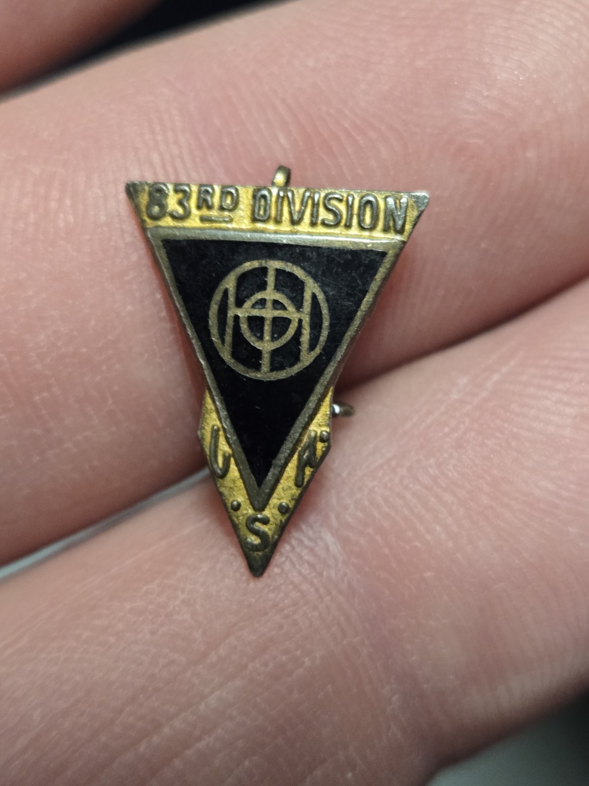 2 Vintage rare old WWII 83rd Infantry Division Thunderbolt DI Unit Crest Pin Lot