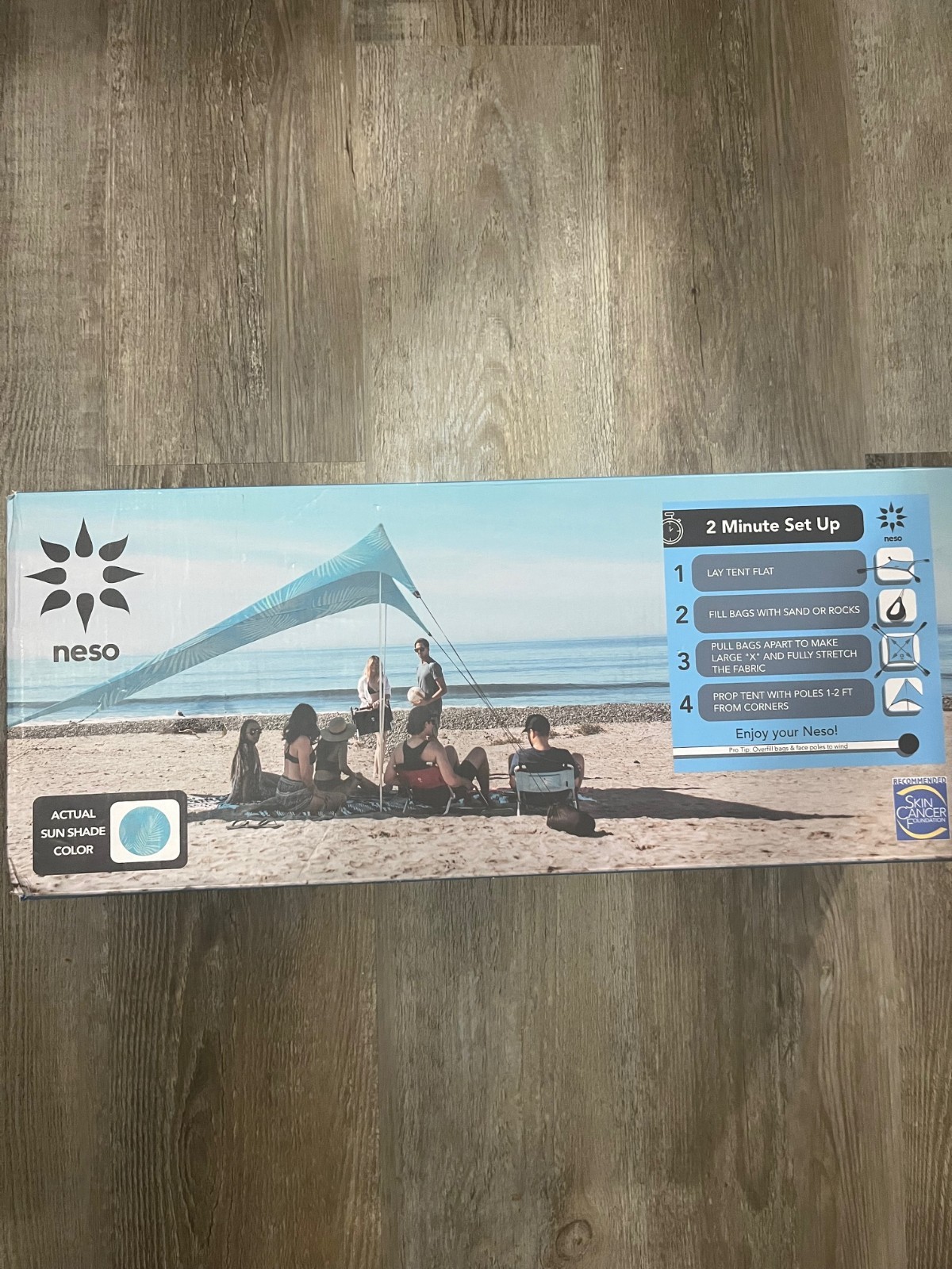 Neso Beach Tent w/ Sand Anchor, Portable Sunshade 9x9 (Aqua Fronds) Description