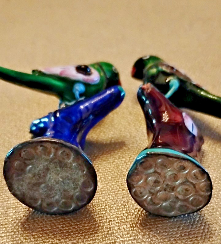 ENAMELLED SILVER MINI PARROTS GREEN & COBALT GEM ACCENT