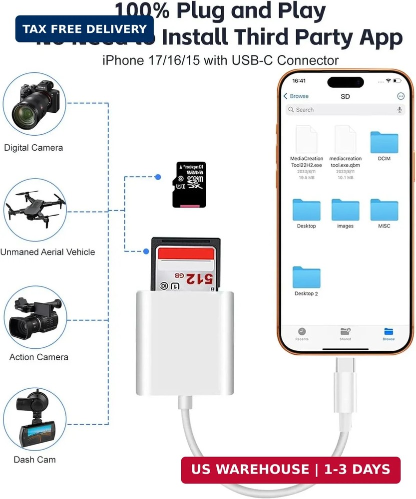 USB C SD Card Reader for iPhone 15 16 17/iPad Pro/MacBook, USB-C Type-C SD Reade