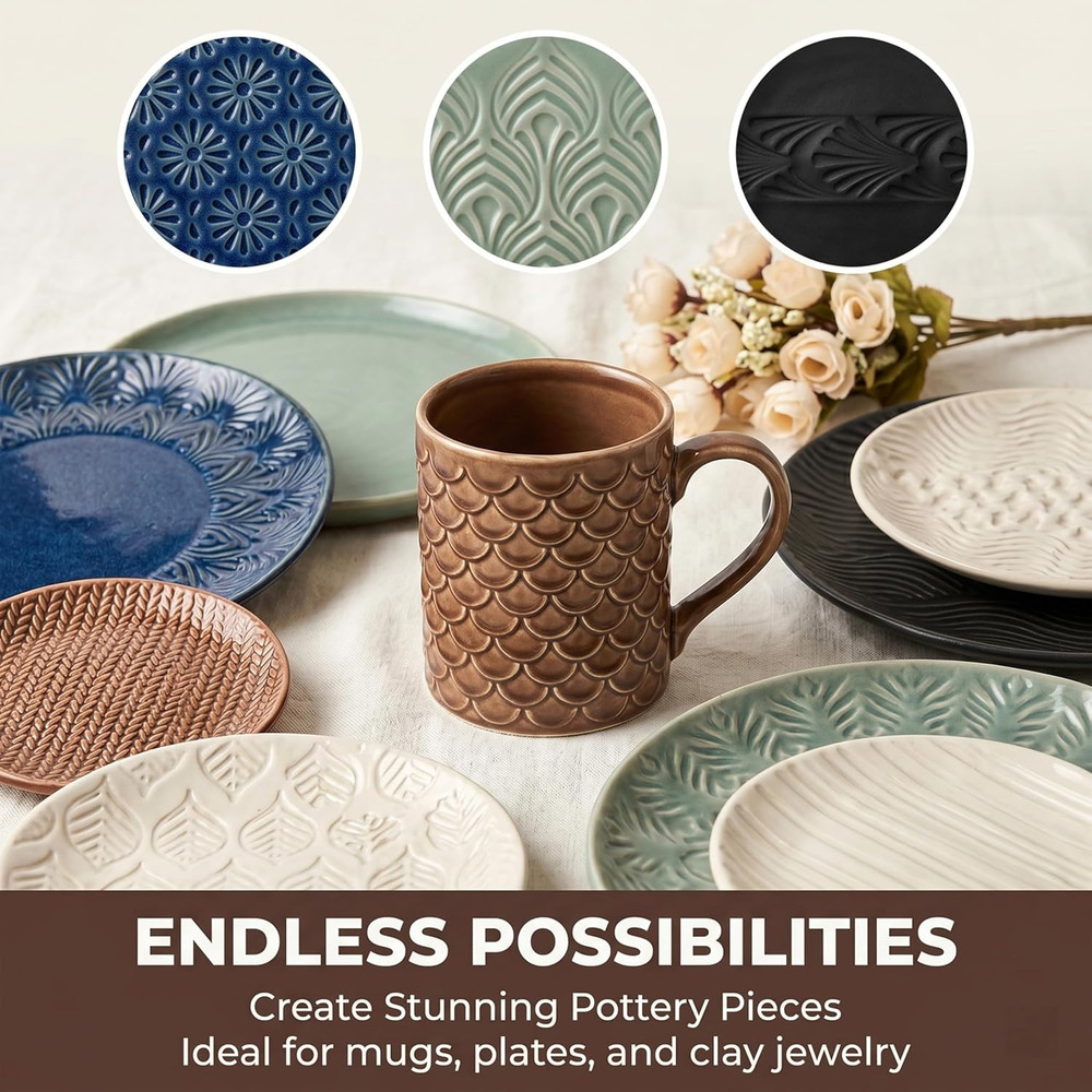 Clay Texture Rollers | 10-Pack Polymer Clay Texture Roller Set for Pottery & Cra