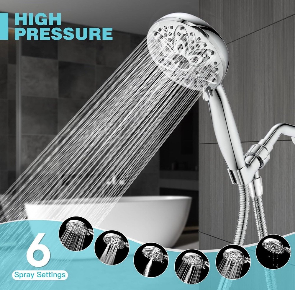 6-Setting Shower Head with Handheld, JDO High Pressure Hand held Chrome