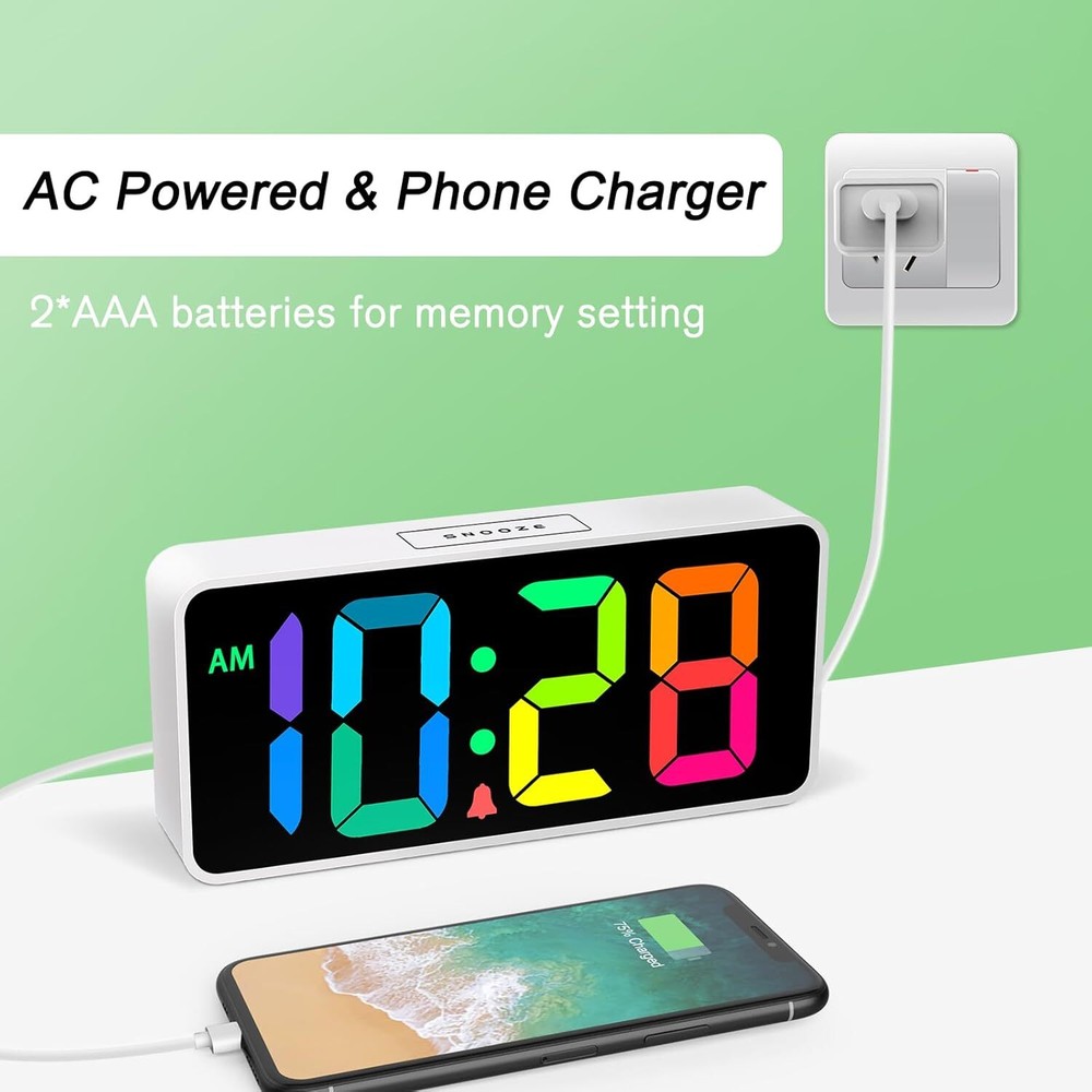 Colorful Digital Alarm Clock Rainbow Numbers Usb Charging Snooze Function