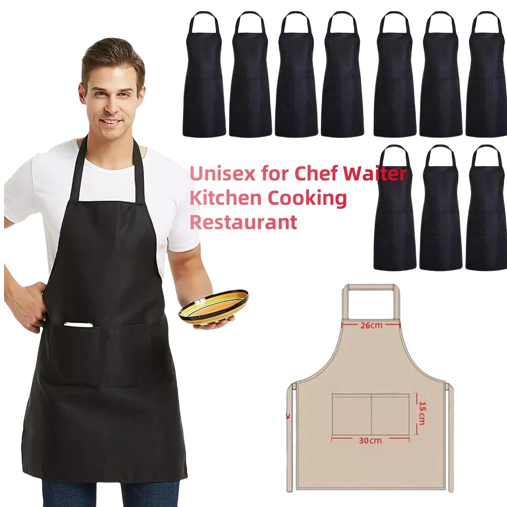 10 Pack Heavy Duty Black Bib Aprons w/Pockets - Adjustable Chef Waiter Kitchen