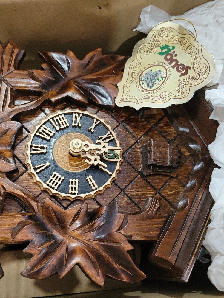 German Black Forest Cuckoo Clock with Five Leaf One Bird 13" Walnut Stain