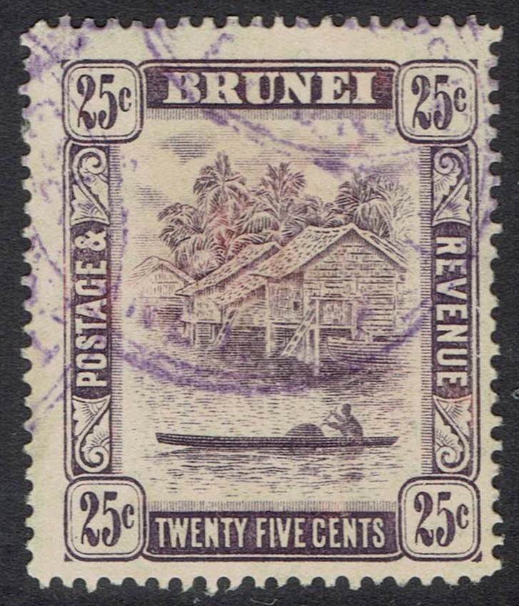 BRUNEI 1908 RIVER VIEW 25C WMK MULTI CROWN CA USED