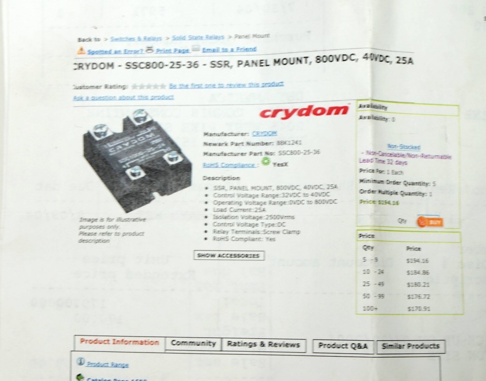 Crydom SSC800-25-36 Solid State Relay Output 800 VDC 25 Amp Input 36V