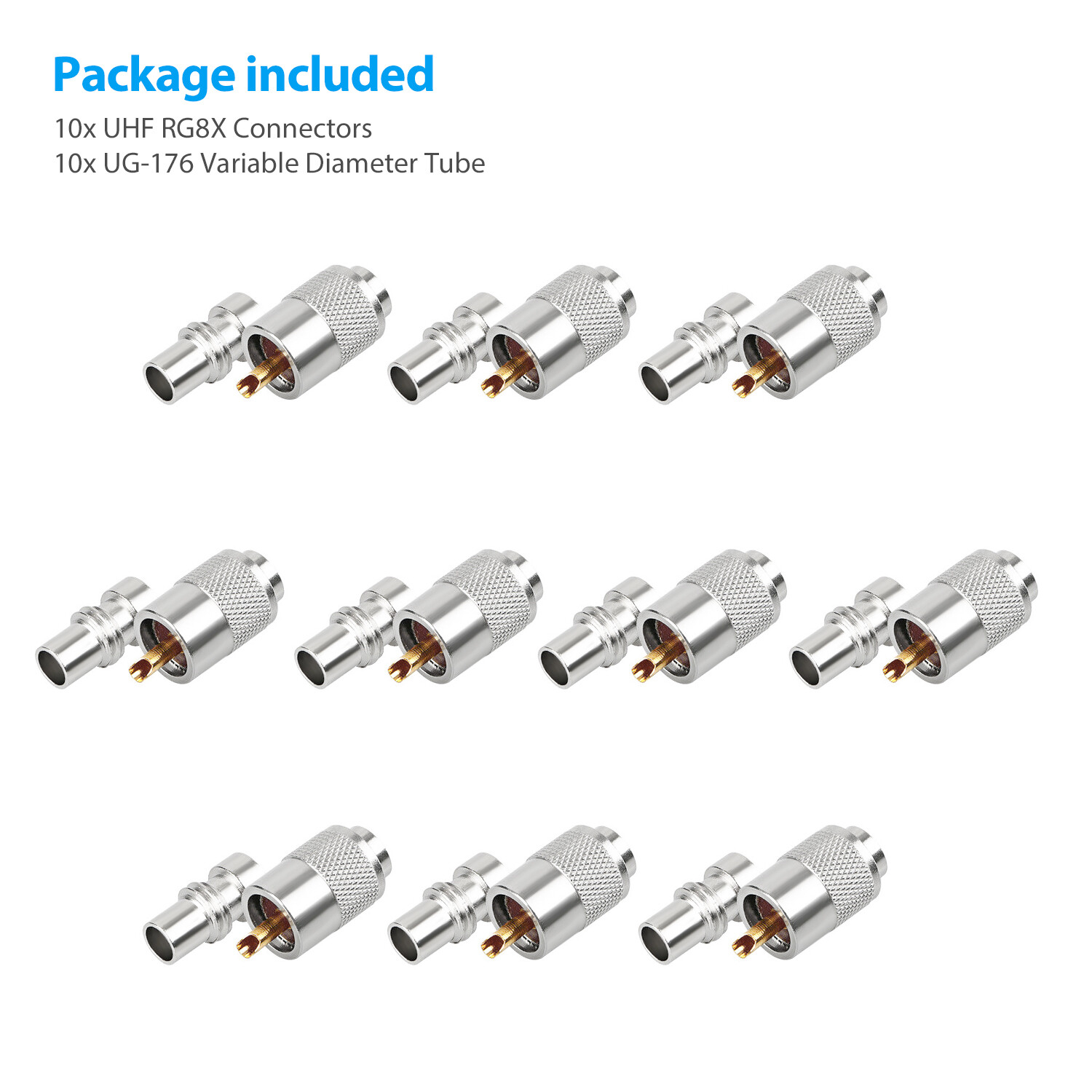 10-pack PL-259 Solder Connector Plug with Reducer for RG8X Coax Cable USA
