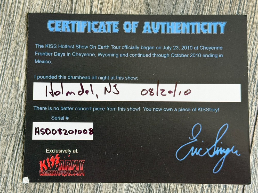 KISS Drumhead ERIC SINGER Concert Used Signed Autograph CoA 8" NJ 2010 Tour