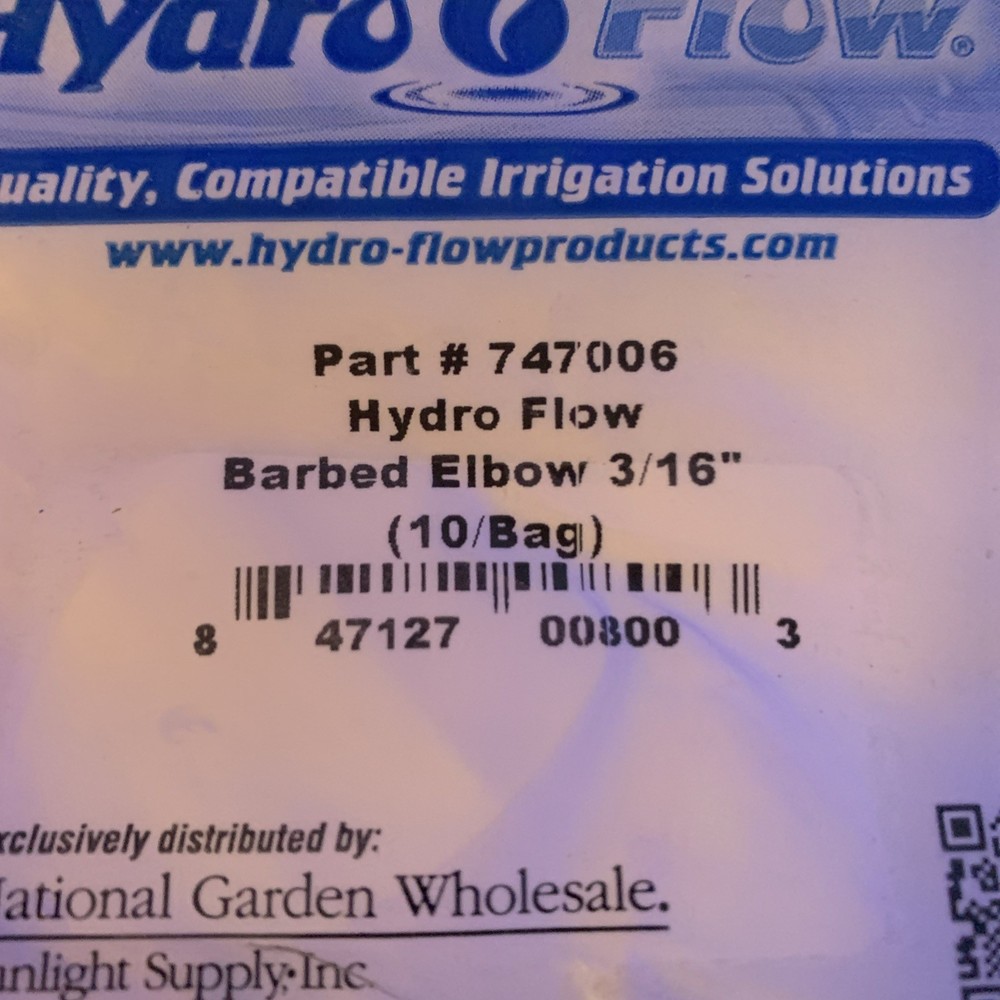 Hydro Flow 3/16” Barbed Elbow 747006 Quantity 10