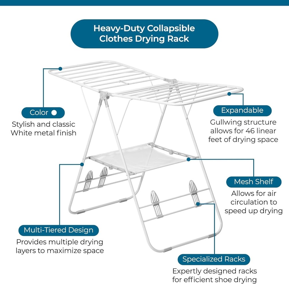Portable Gullwing Folding Clothes Drying Rack - Space Saving, 46ft Drying Space
