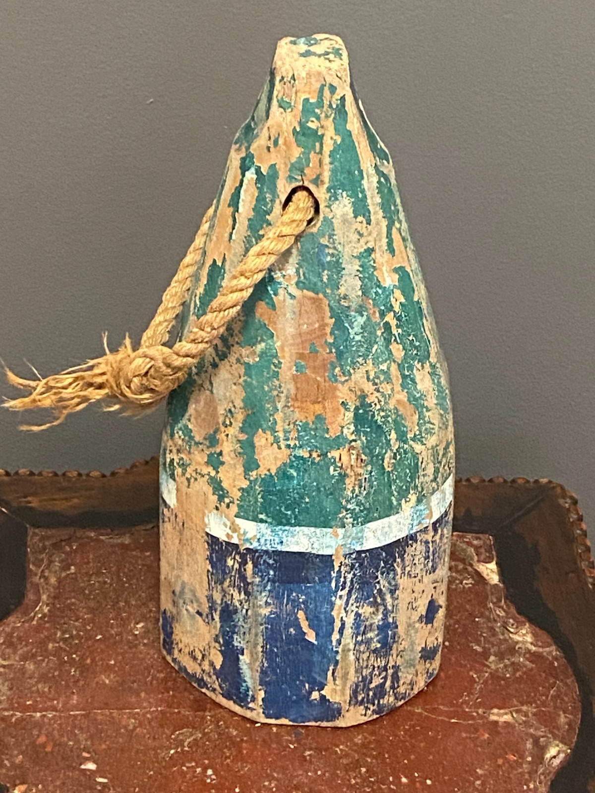 Wooden Lobster Bouy Solid Wood Nautical Themed - 12" x 5" - Green Blue