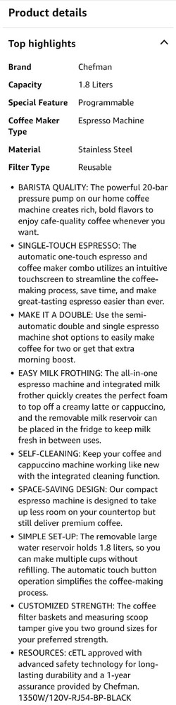 Chefman 6-in-1 Espresso Machine with Steamer, Automatic One-Touch Coffee Maker,