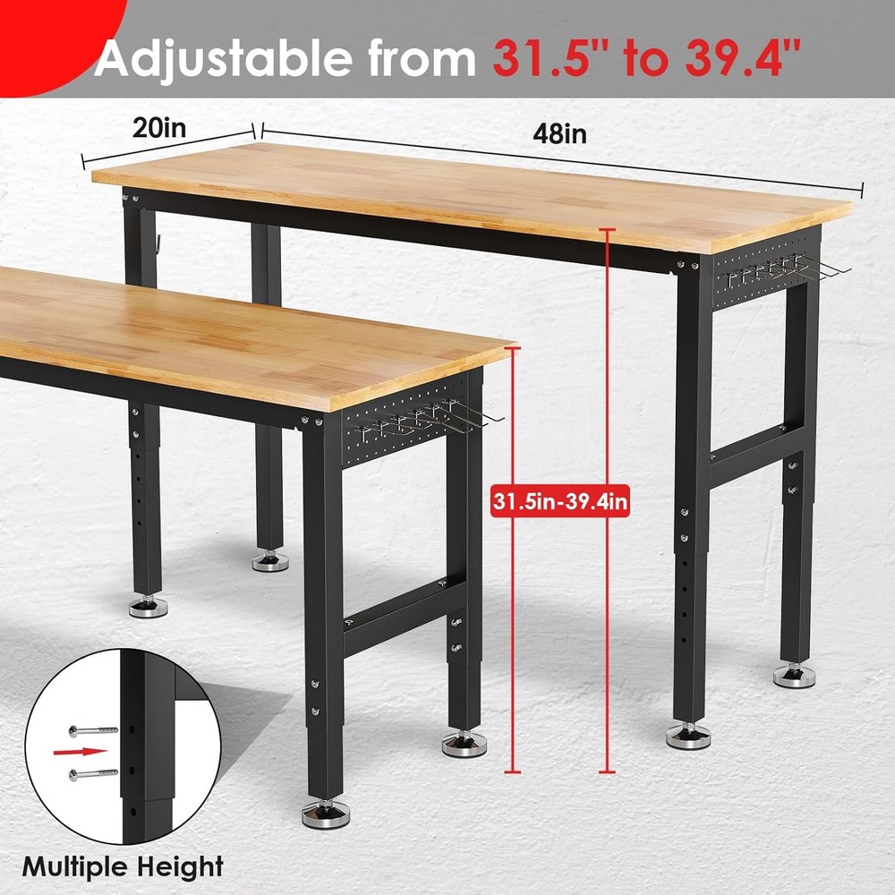 48" Heavy-Duty Workbench with Pegboard&Power Outlets Worktable 2000 LBS Capacity