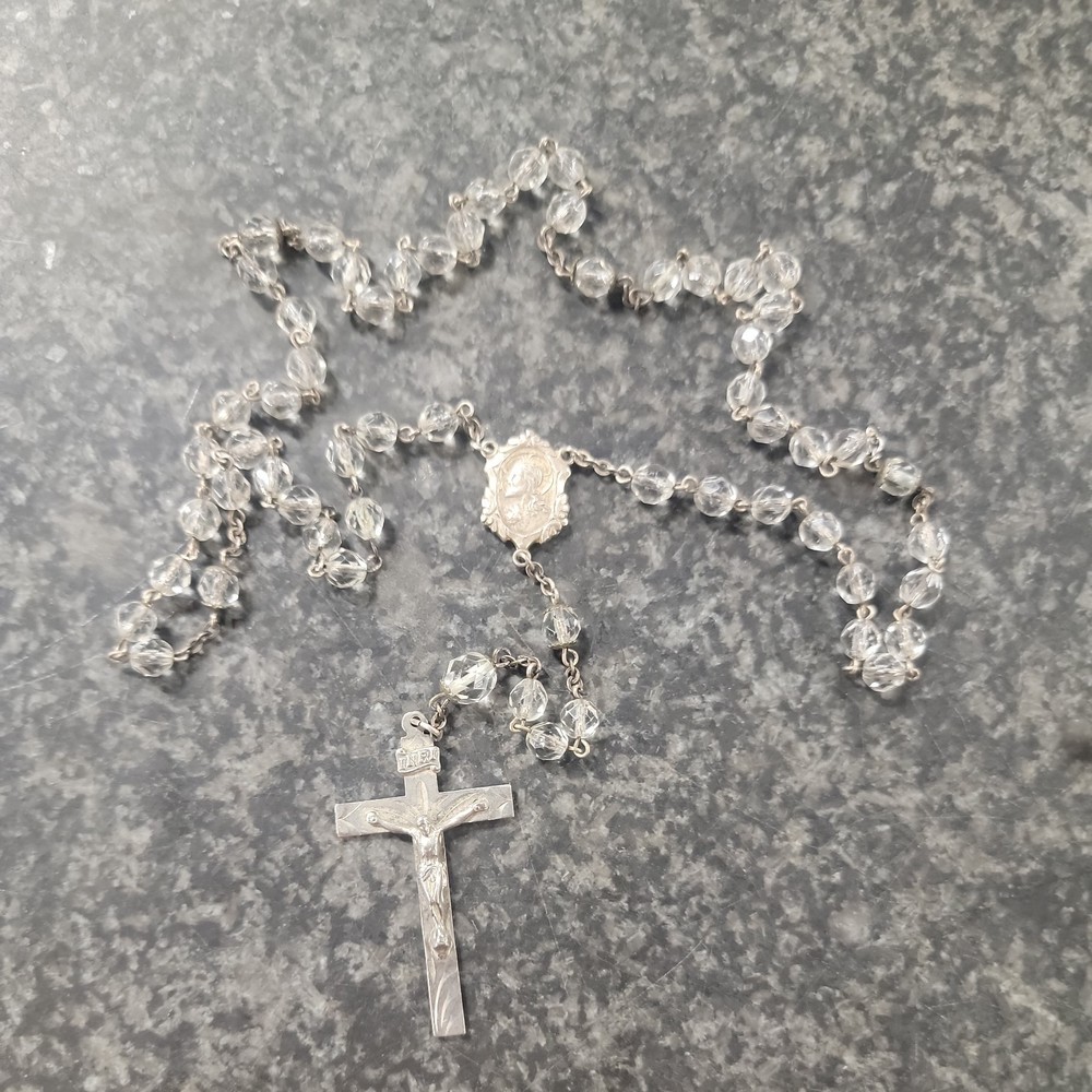 Vtg Large Size Crystal Sterling Silver 24" Rosary