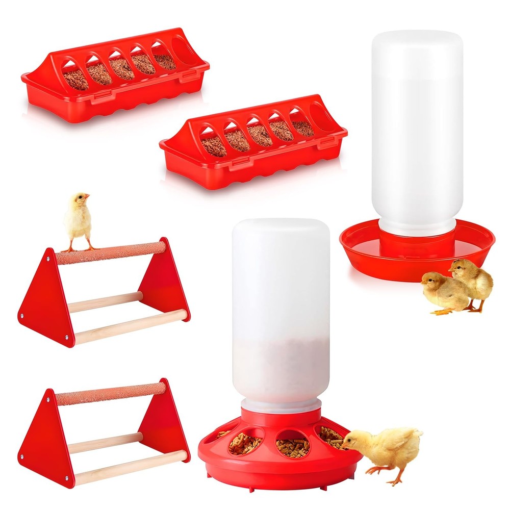 6 Pack Chick Feeder and Waterer Set - Chick Starter Kit with Mini Perch, Auto...
