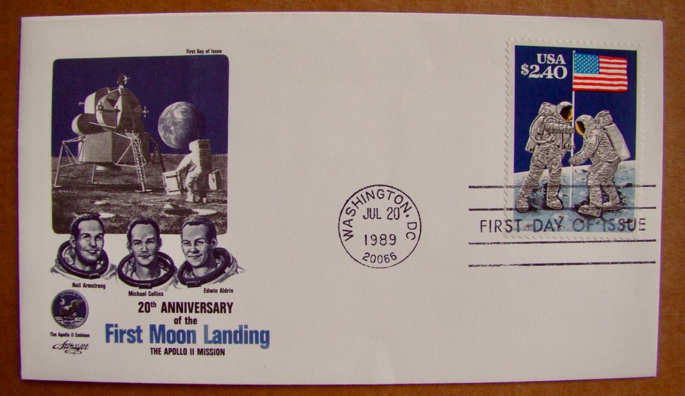 C76 & 2419 - 7 FDCs MOON LANDING Items- Various Cachets & Vintage 3D Postcard