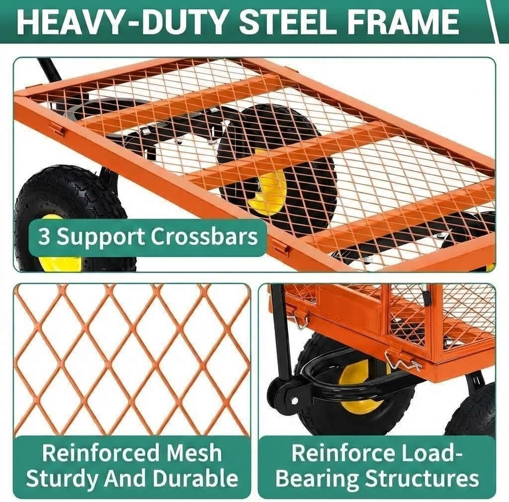 Heavy Duty Steel Garden Cart Pullable Garden Wagon with Removable Sides 1100LBS