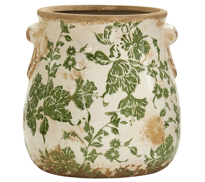 6.5" Tuscan Style Ceramic Planter Green Scroll Design Decorative Pot