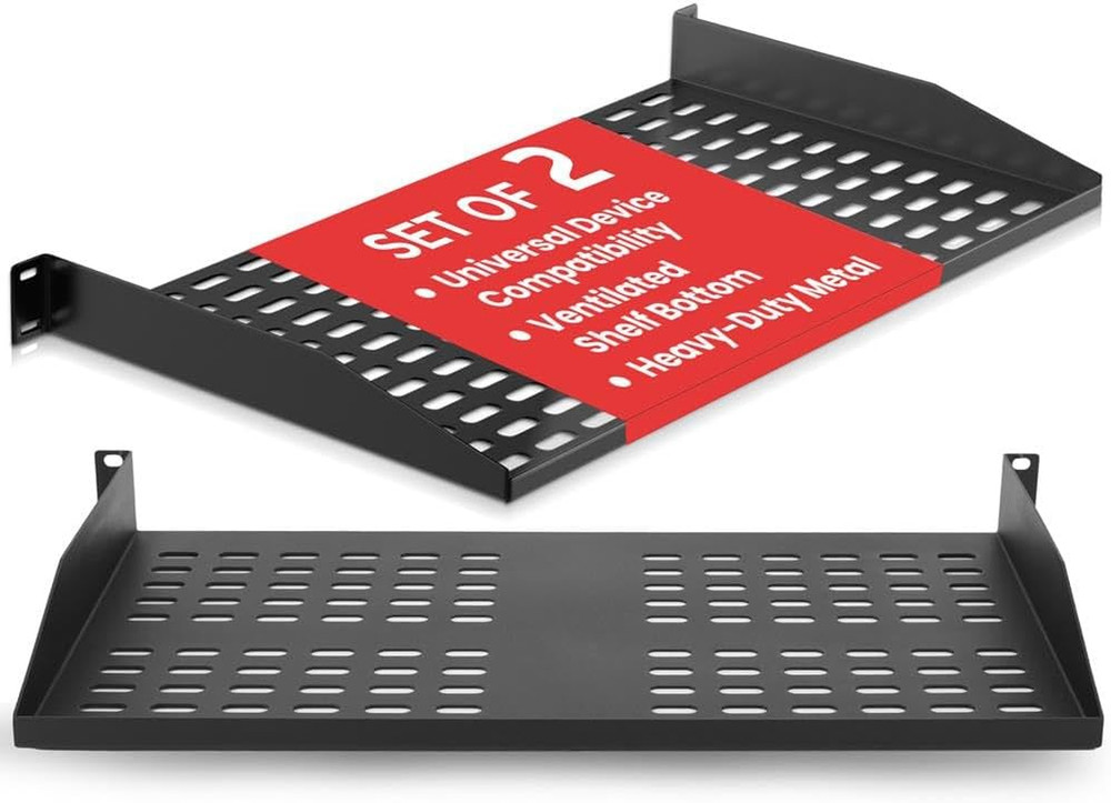Vented 2-Pc 1U Server Rack Shelf for Universal Device & Wall Mount - Black