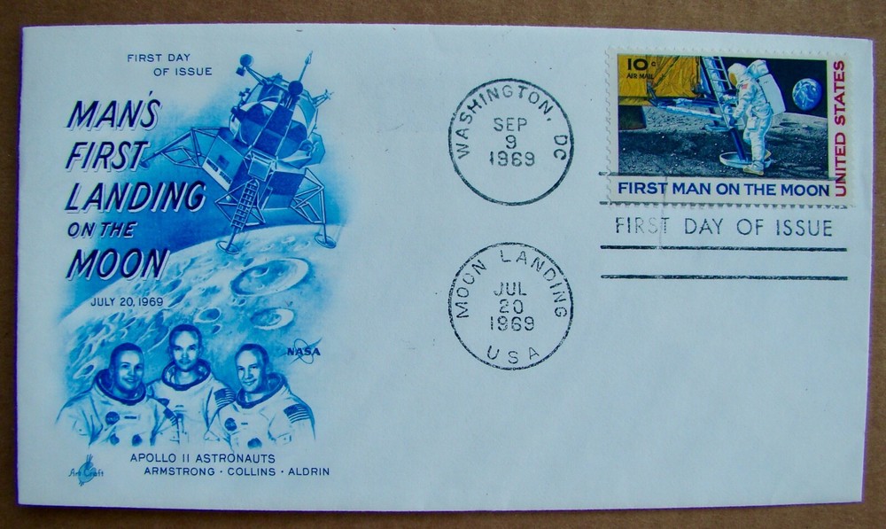 C76 & 2419 - 7 FDCs MOON LANDING Items- Various Cachets & Vintage 3D Postcard