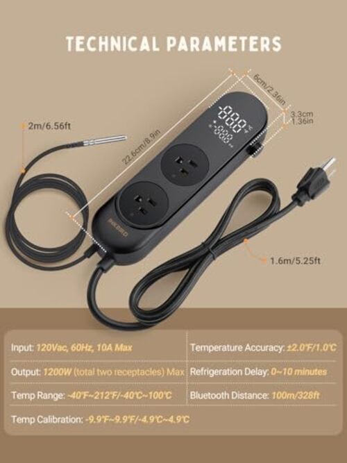 Bluetooth Digital Temperature Controller 1200W Heating Cooling 2-Stage Outlet