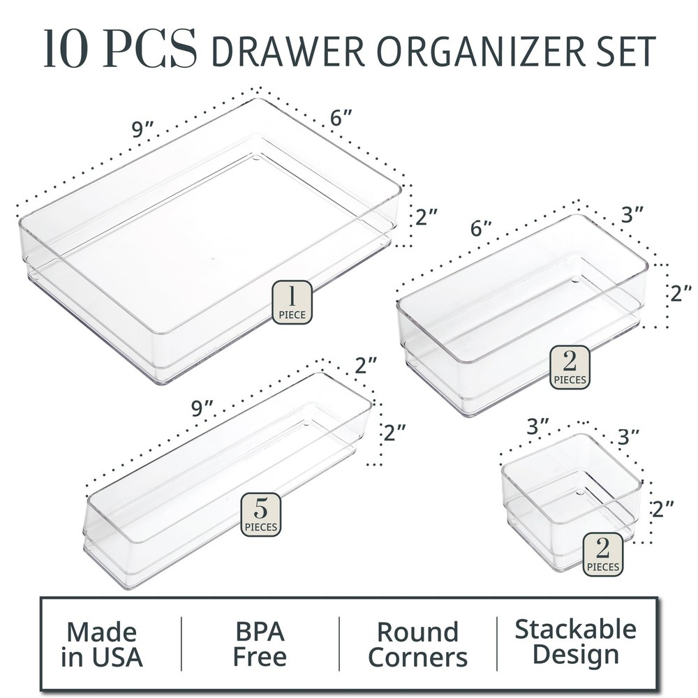 SimpleSort 10-Piece Stackable Clear Drawer Organizer Set | Multi-size Trays |...
