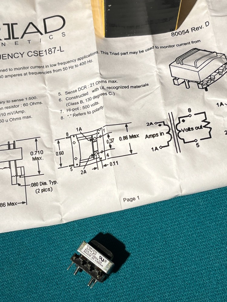 Current transformer, 30A max, 1:500, PC board mount