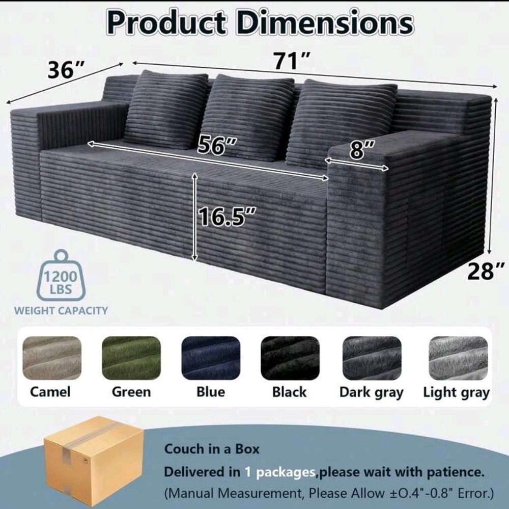 Charcoal Corduroy Modular Sofa | 3-Seat | Includes Pillows | Modern