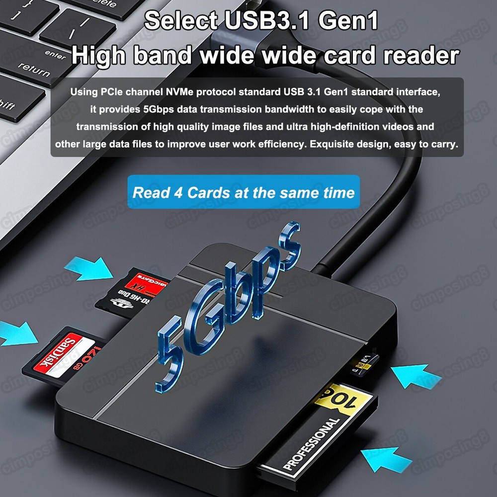 4-in-1 USB3.0/USB-C Card Reader SD Micro SD TF CF MS Compact Flash Card Adapter