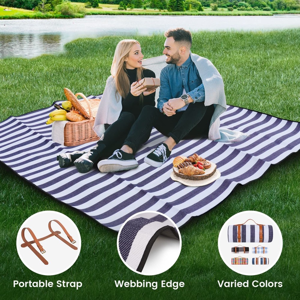 sapsisel 80”x 80” Picnic Blanket 6'7" x (Rectangular), Blue & White