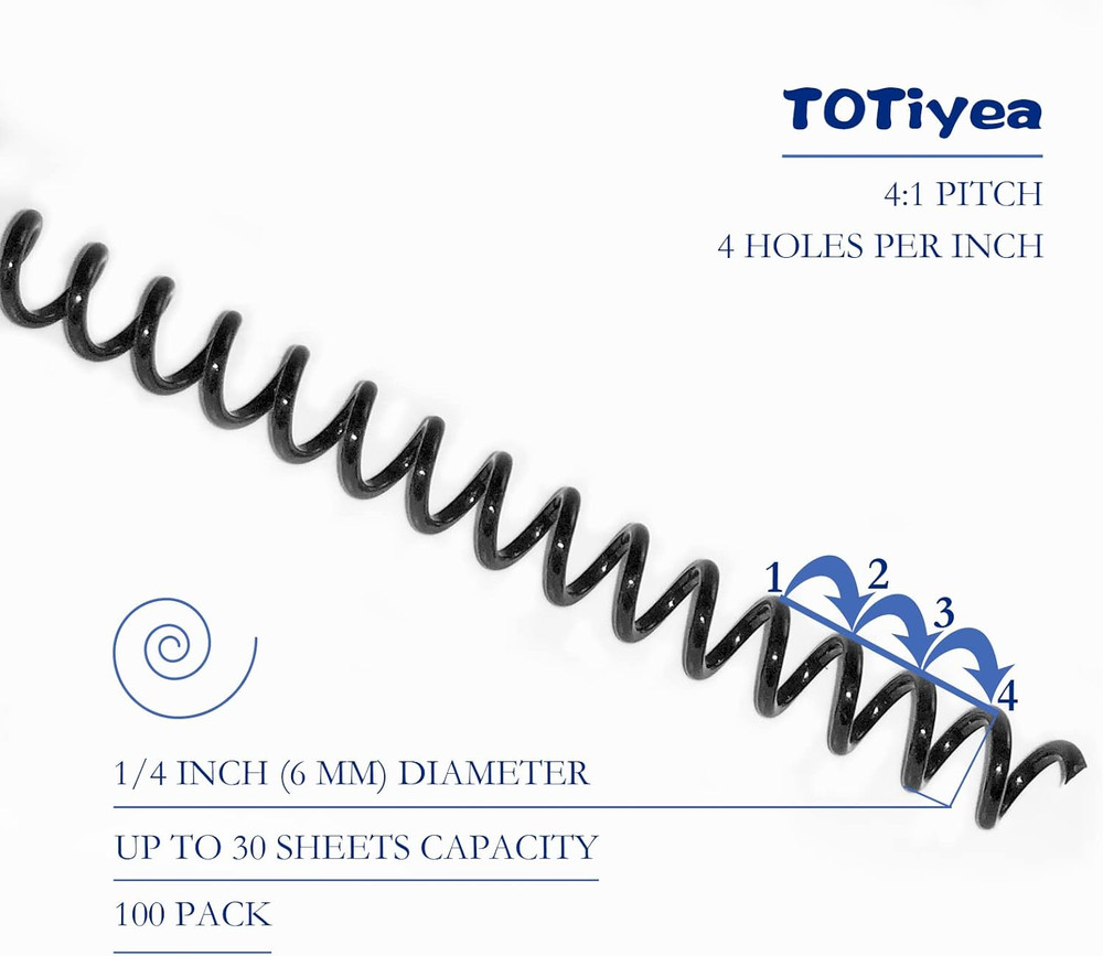 100 Pack Plastic Spiral Binding Coils,6Mm(1/4") Binding Spirals,30 Sheet Capacit