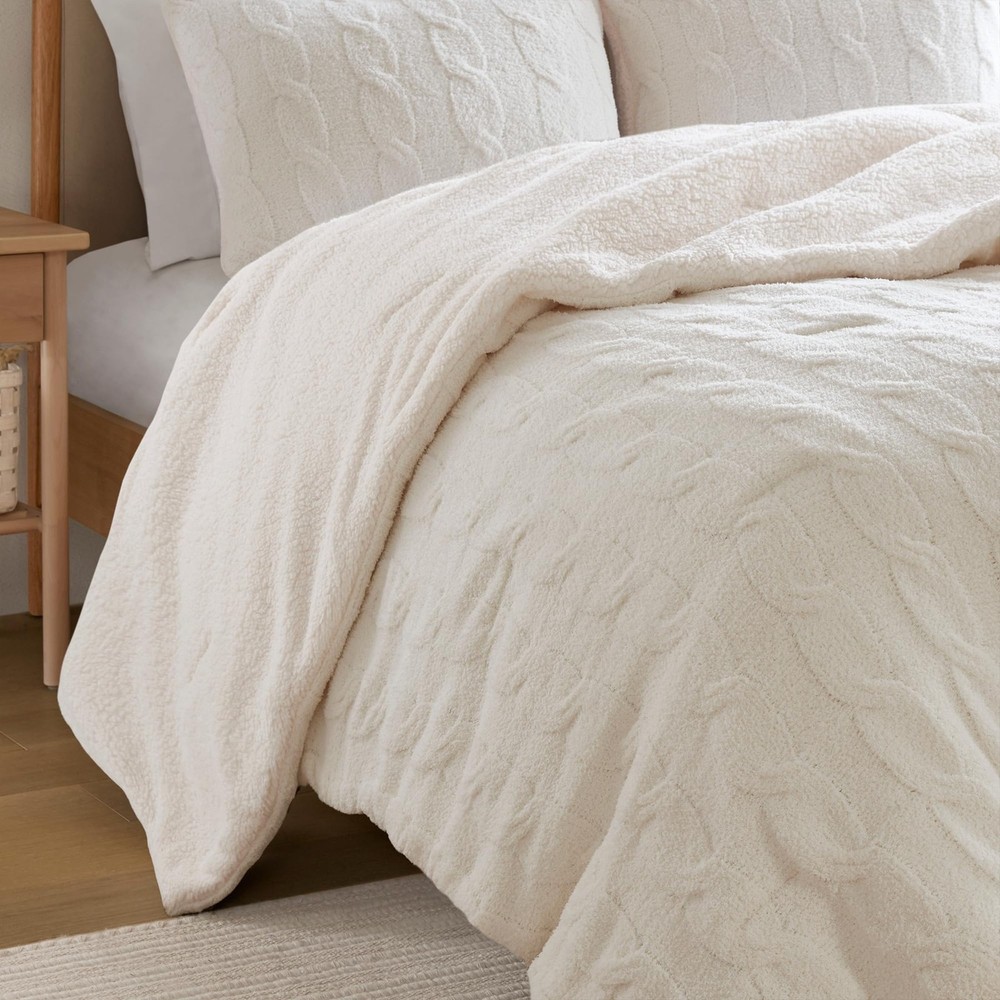 Ellis Cable Knit Comforter Set – Soft Fluffy Chenille with Sherpa Reverse, Co...