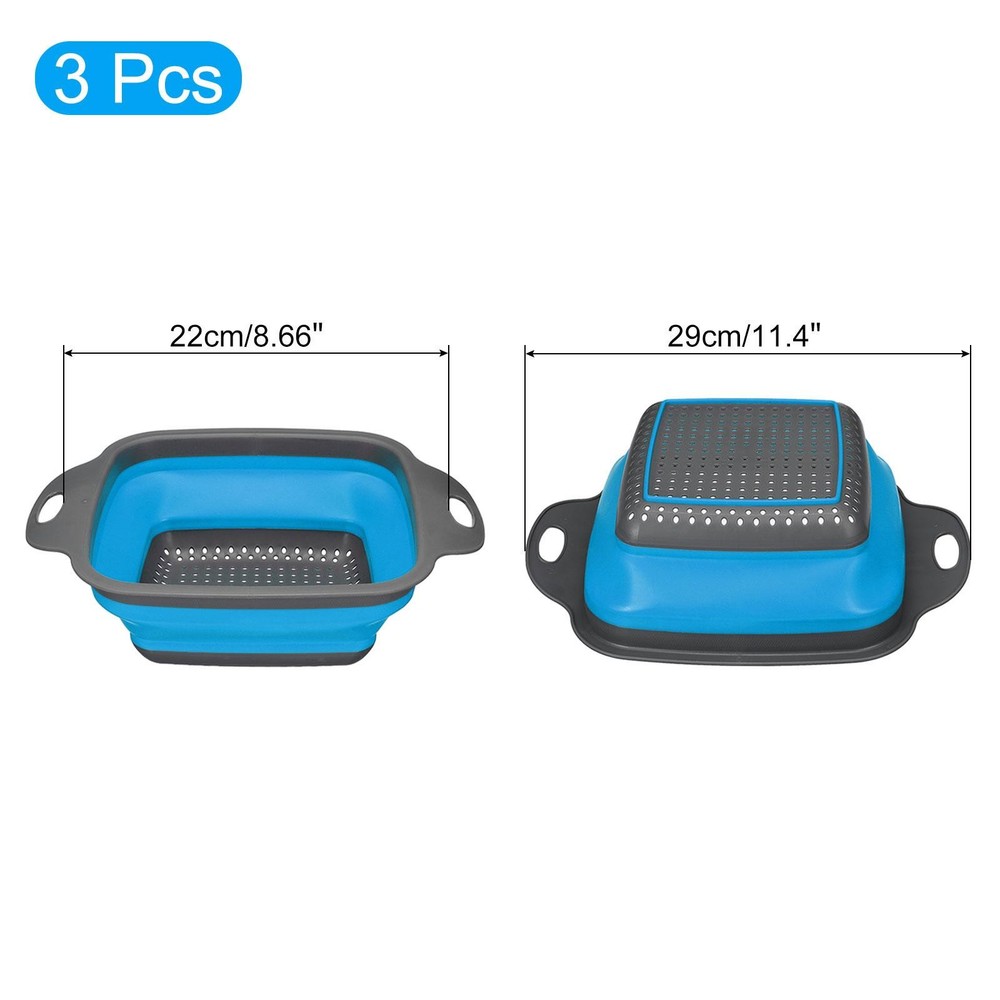 3Pcs Collapsible Colander Set Silicone Square Foldable Strainer Blue Large