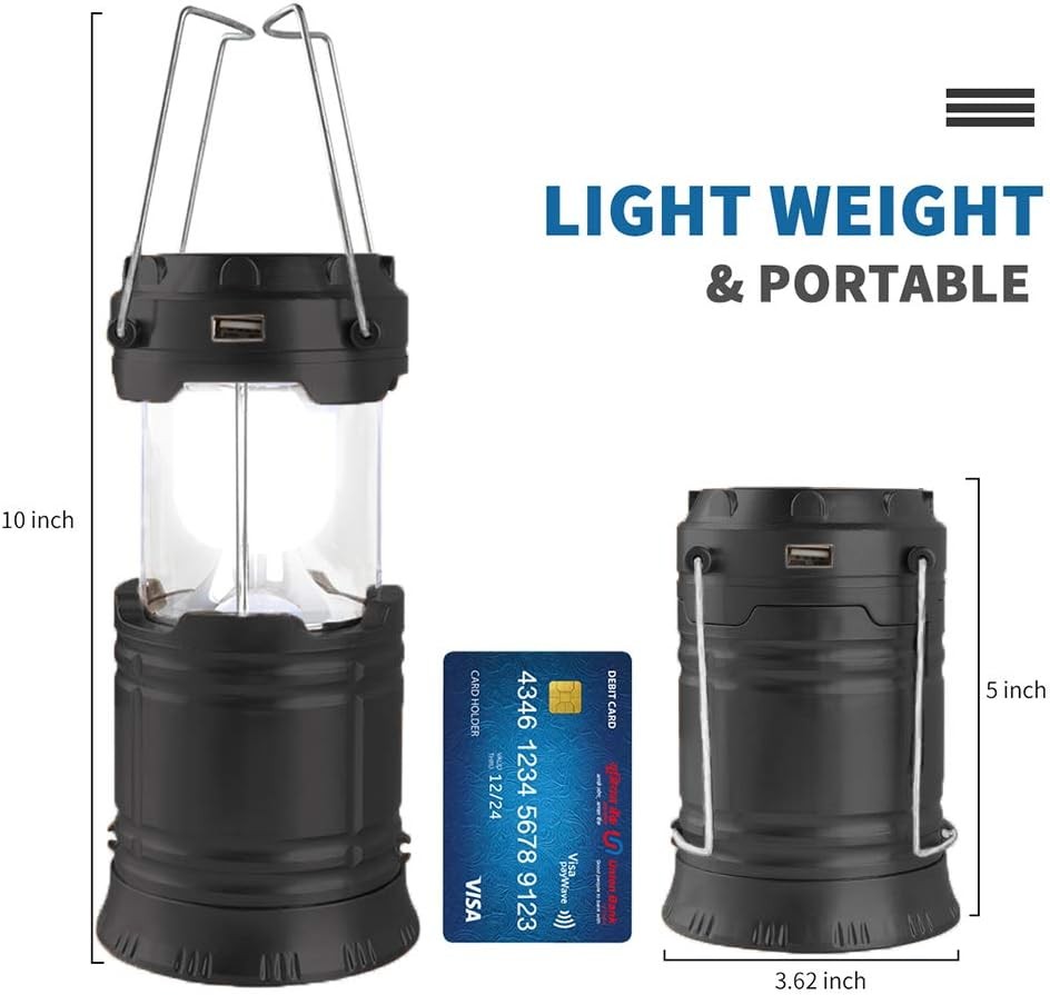 LED Camping Lantern, Solar and Rechargeable Lantern Flashlight Black