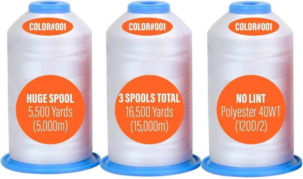 Huge Machine Embroidery Thread White 3 Pack X-Large Polyester Cones 5500 Yards E